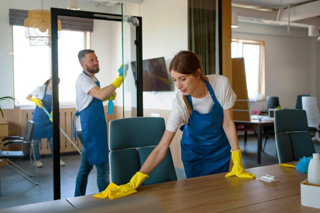 Professional cleaners in blue uniforms wiping down an office table and chairs